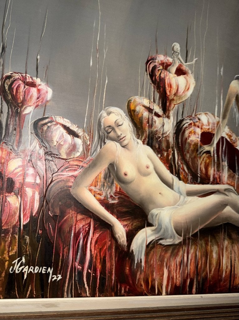 Groot surrealistisch schilderij Josian Gardien 1977 - paneel, Antiek en Kunst, Ophalen, Surrealisme, Gedateerd, Olieverf