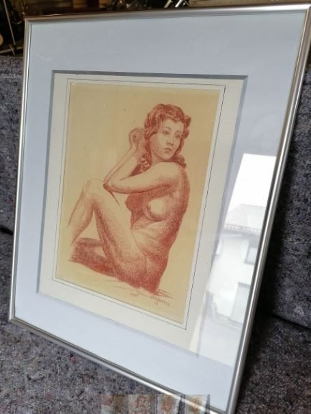 vintage naakt H.Fr. Schmidt tekening 1949 karton, Ophalen, Tekening, Gemengde techniek, Handgemaakt