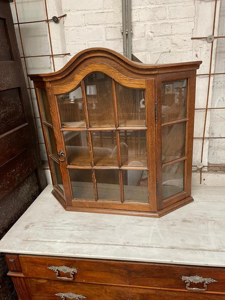 Eiken antieke vitrinekastje wandkast 71x16x66 cm, Ophalen, Eikenhout, 50 tot 100 cm, Minder dan 25 cm