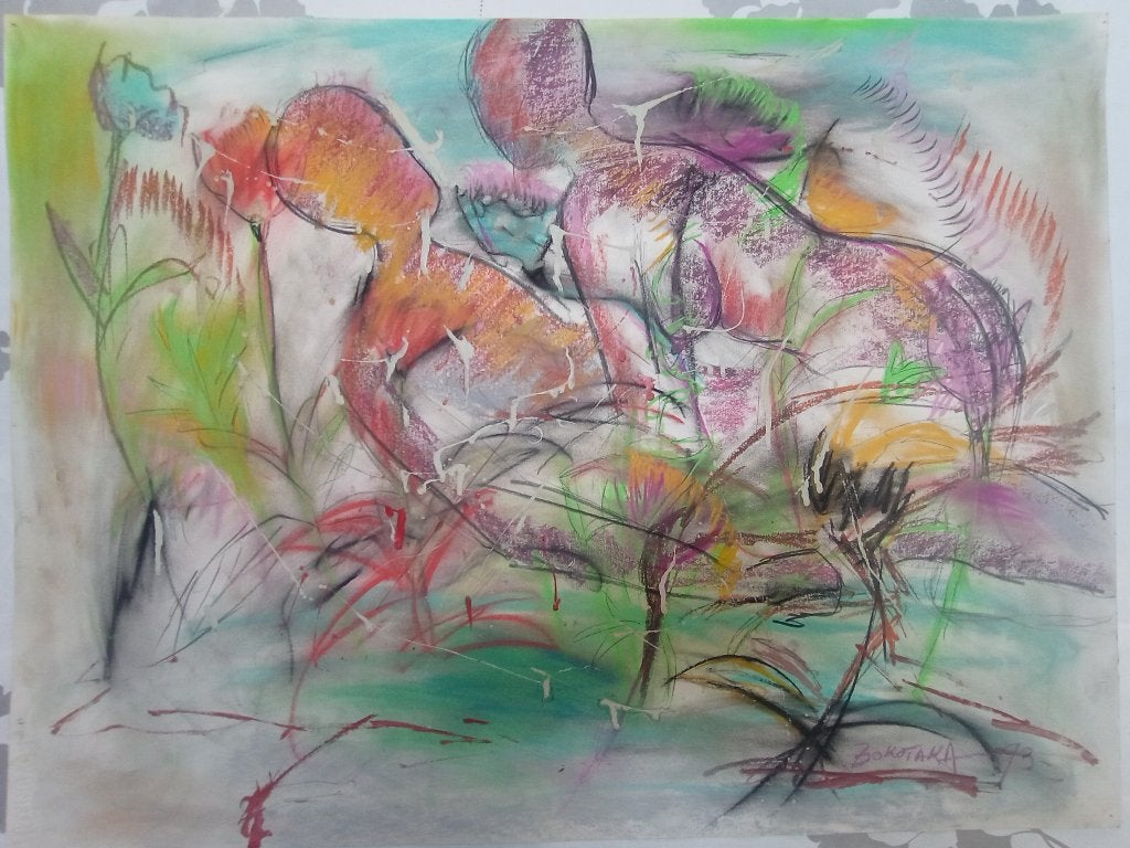 Tableau 73x55 Cyrille Bokotaka 1993 Poto-Poto Congo,B16, Antiquités & Art, Art | Peinture | Moderne, Enlèvement, Signé, Technique mixte