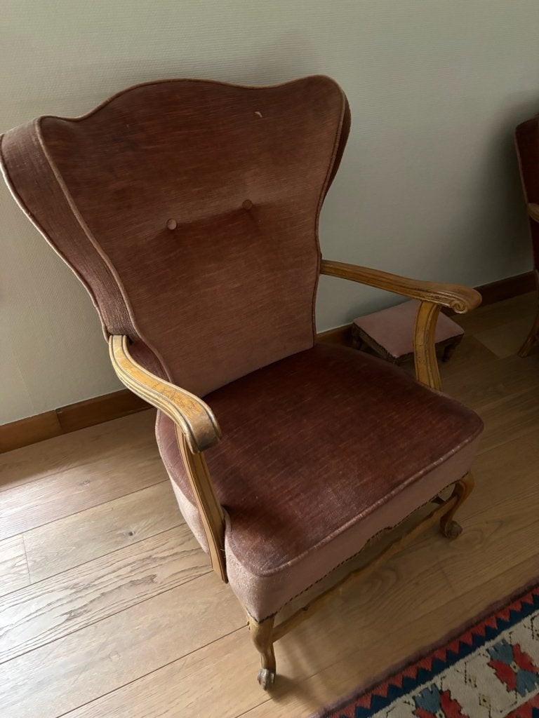 Lot de 2 fauteuils d'oreille vintage en velours années 1950, Maison & Meubles, Enlèvement, Utilisé, Tissus, Deux