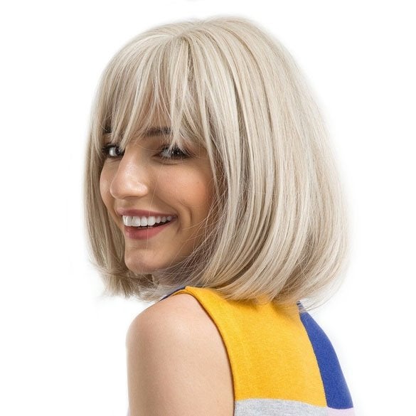 Witblonde pruik bob model met steil haar op schouderlengte, Ophalen of Verzenden, Nieuw