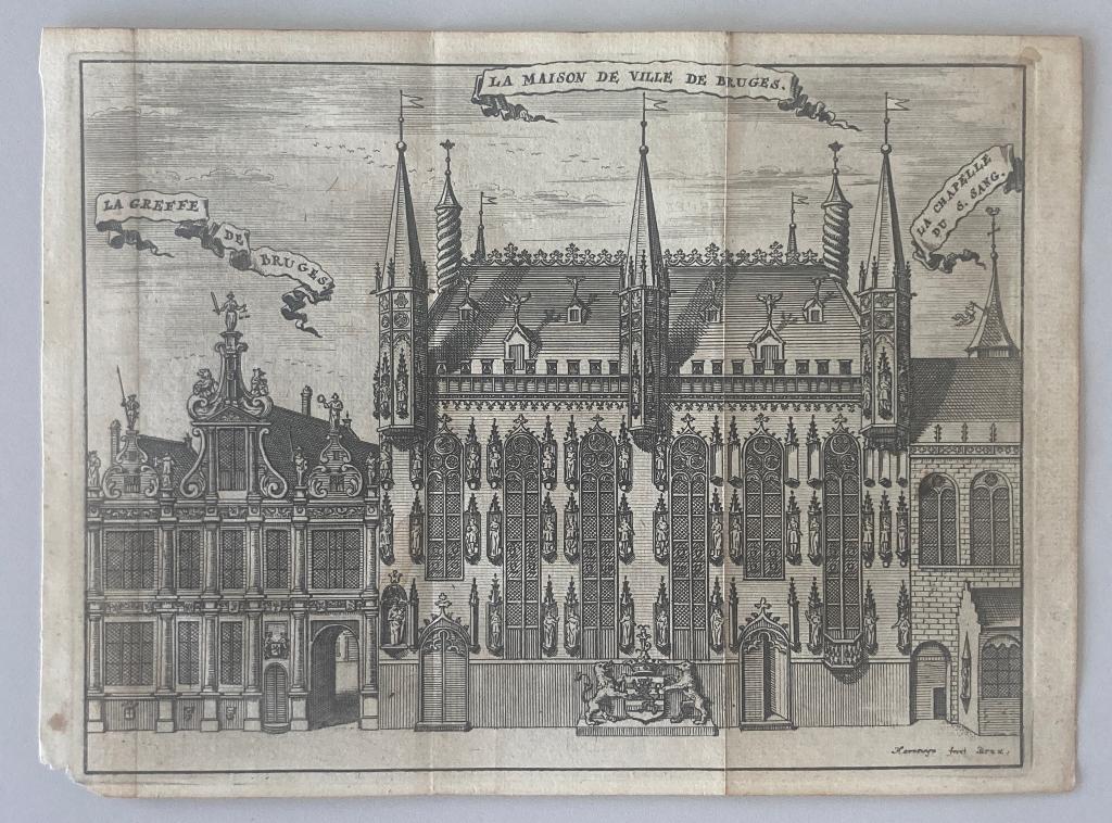 Gravure originale hotel ville Bruges grav. Harrewijn  1716, Enlèvement ou Envoi, Gravure, Signé