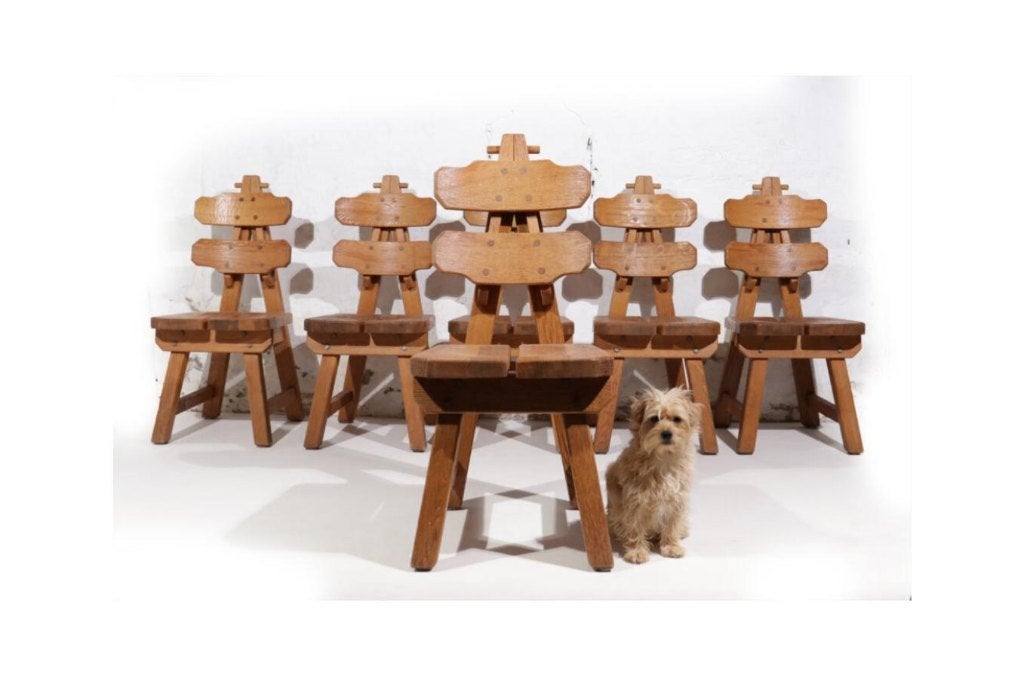 Set of 6 Brutalist Chairs, Solid Oak, Spain, 1970s, Ophalen