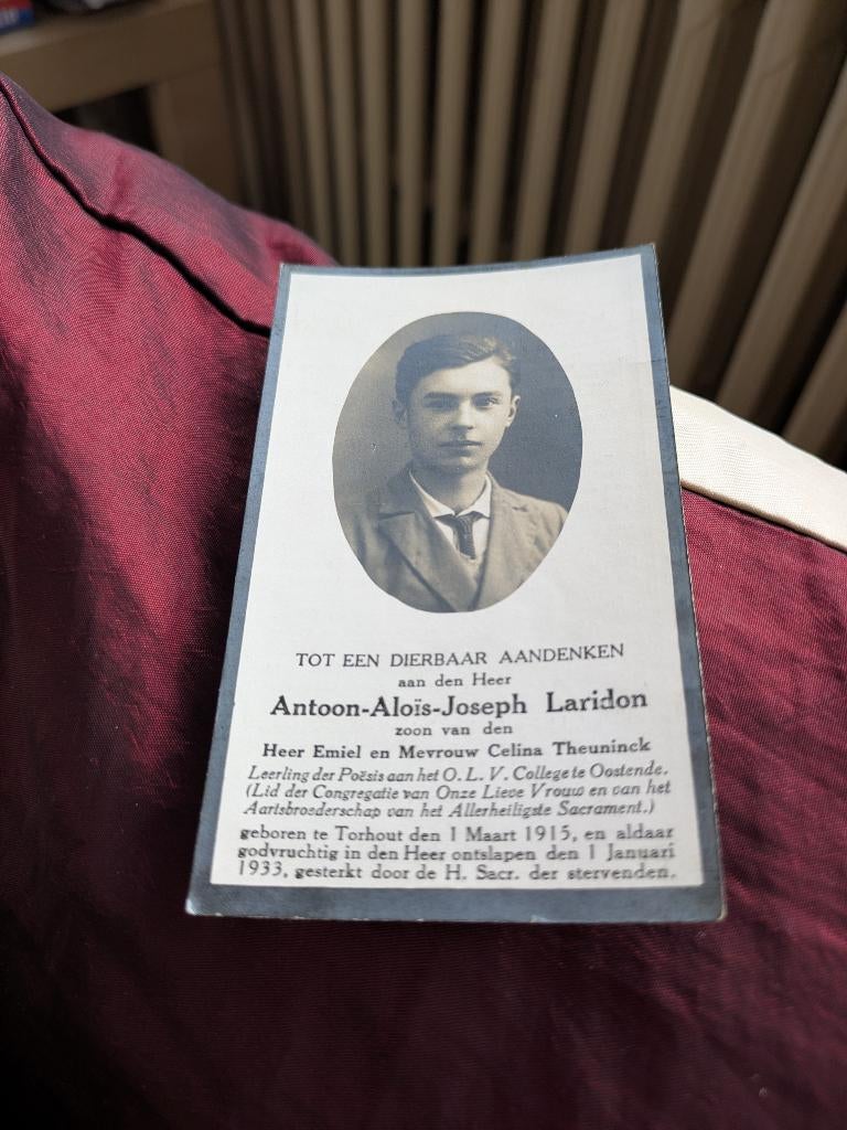 Dp Antoon Alois Joseph laridon, Enlèvement ou Envoi, Image pieuse