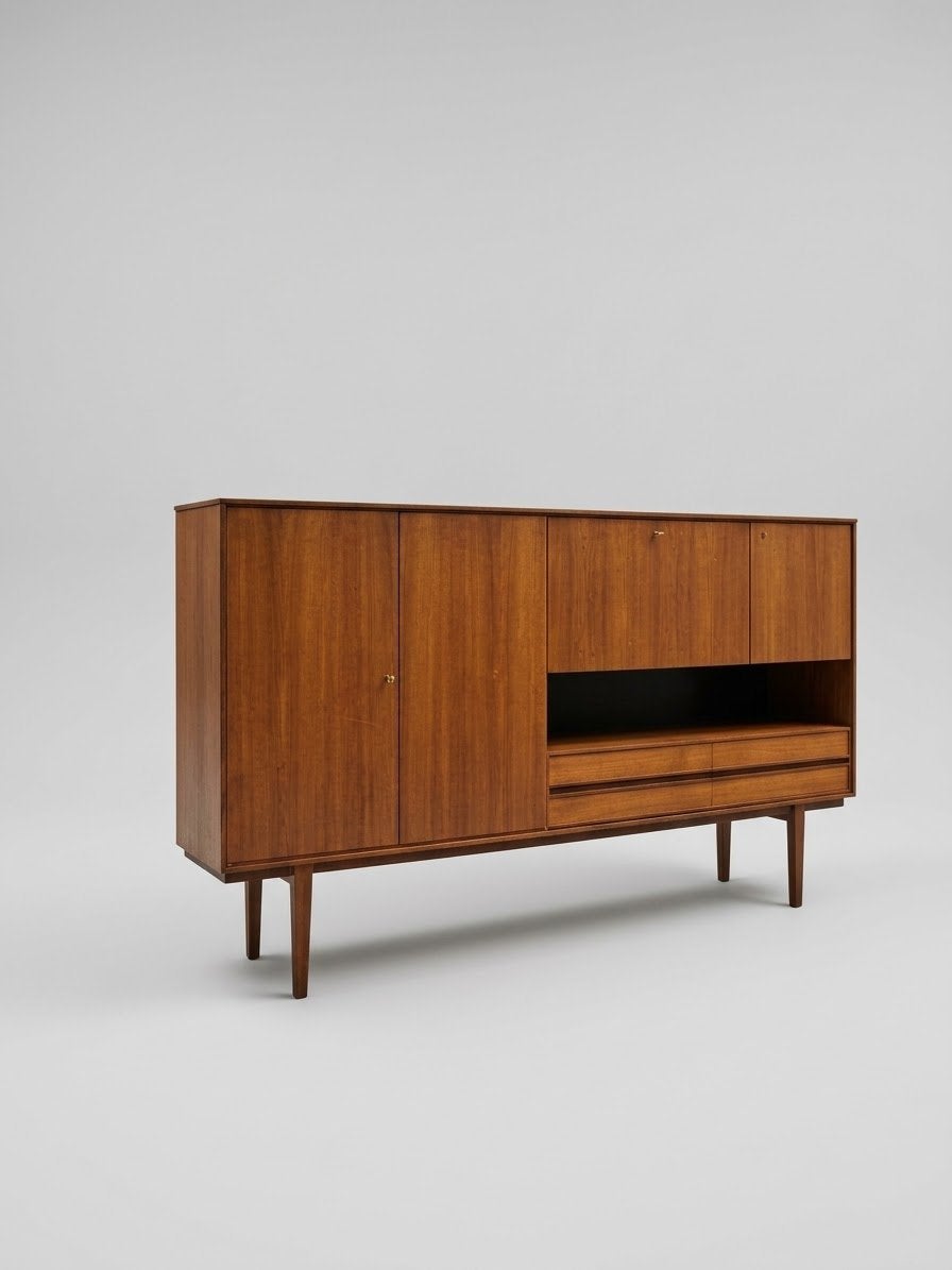 Sfeervol en authentiek Deens teakhouten highboard, Huis en Inrichting, Ophalen of Verzenden, Zo goed als nieuw, Teakhout