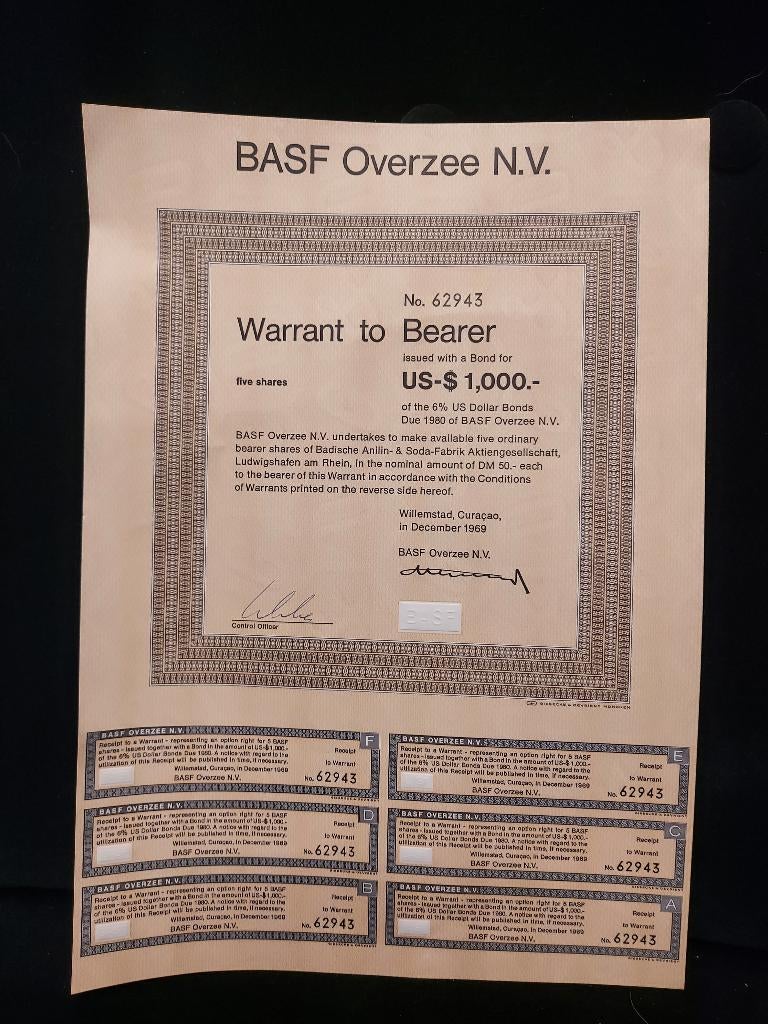 Vintage aandeel BASF Overzee N.V. 1969, Willemstad, Curaçao, Postzegels en Munten, Ophalen of Verzenden, 1950 tot 1970, Aandeel
