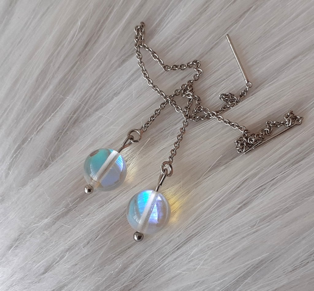 oorbellen parels aurora borealis mermaid aan ketting, Bijoux, Sacs & Beauté, Enlèvement ou Envoi, Neuf, Verre, Pendantes