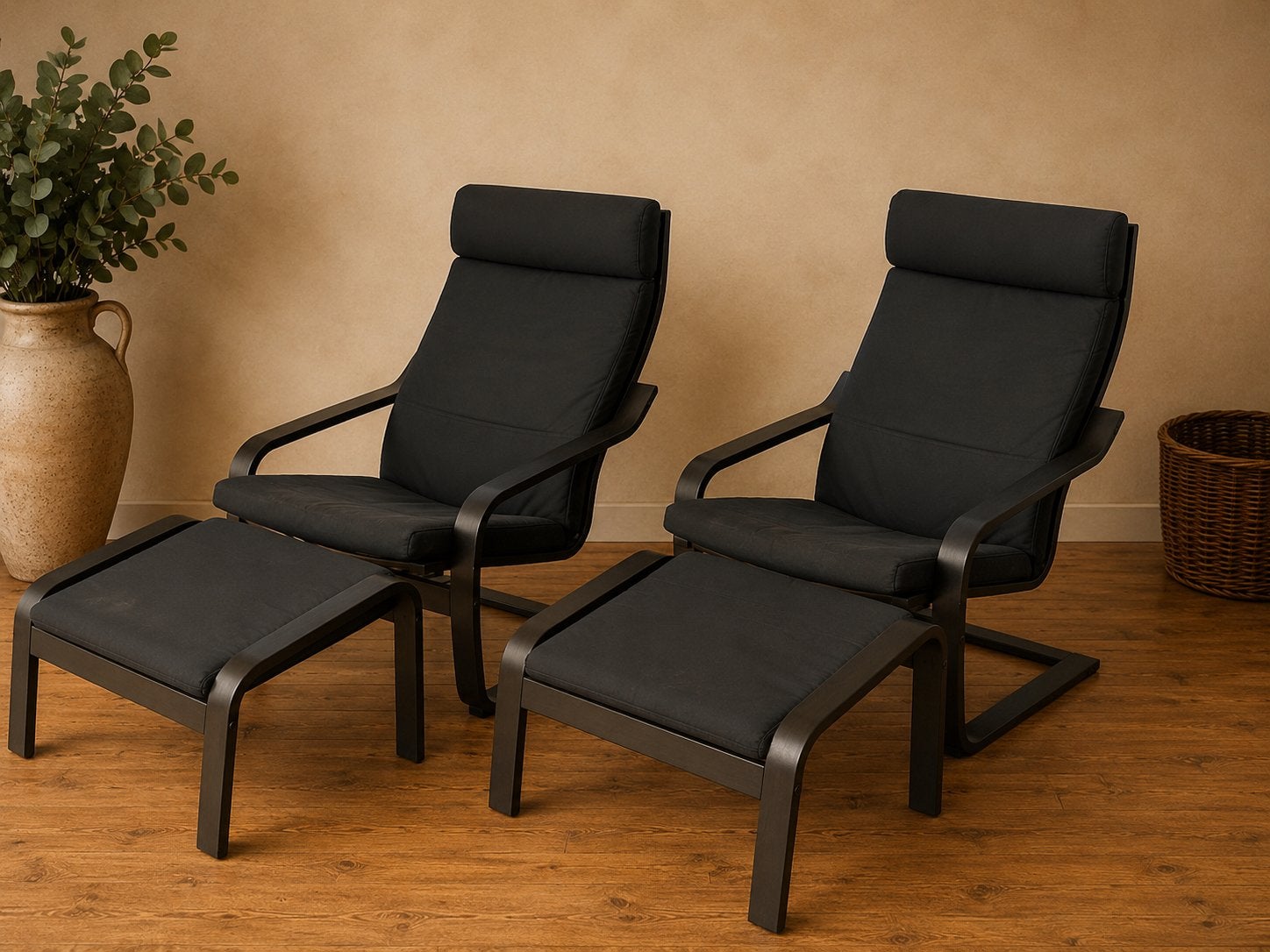 2 Fauteuils IKEA POÄNG + 2 Repose-pieds – Noir & Bois foncé, Comme neuf, Enlèvement, Bois, Une