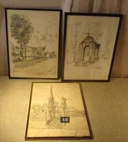 3 magnifiques dessins anciens - vues et bâtiments, Antiquités & Art, Enlèvement ou Envoi, Dessin, Fait main