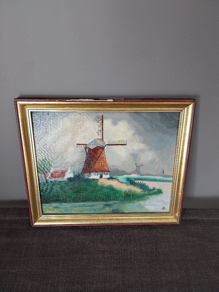 olieverf op paneel – Graanmolen in de mist – Gesigneerd MC, Ophalen