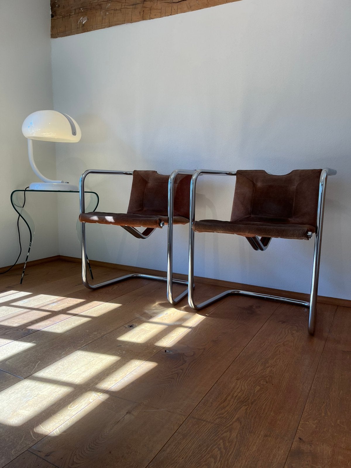 Vintage ‘Virginia’ buisframe stoelen Meurop, Huis en Inrichting, Ophalen, Twee, Bruin, Leer