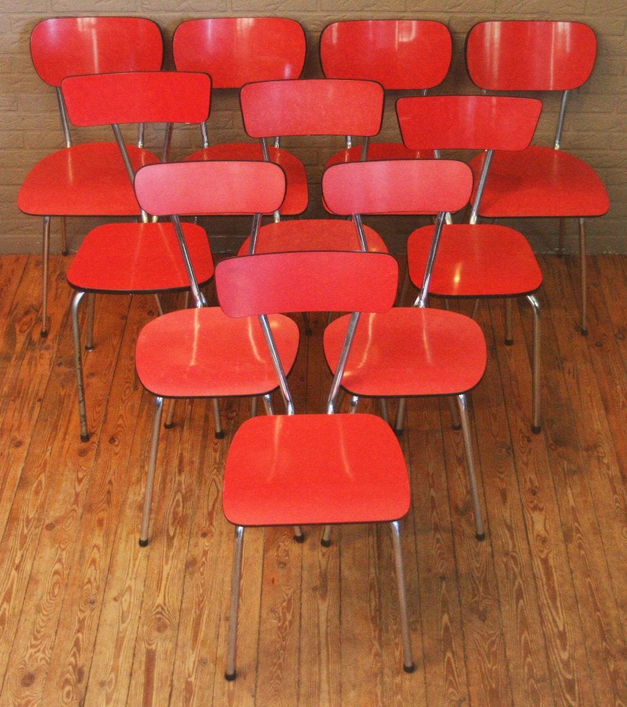 Vintage Formica Stoelen Uit Jaren 60 / Rood En Lichtgrijs, Rouge, Bois, Comme neuf, Enlèvement