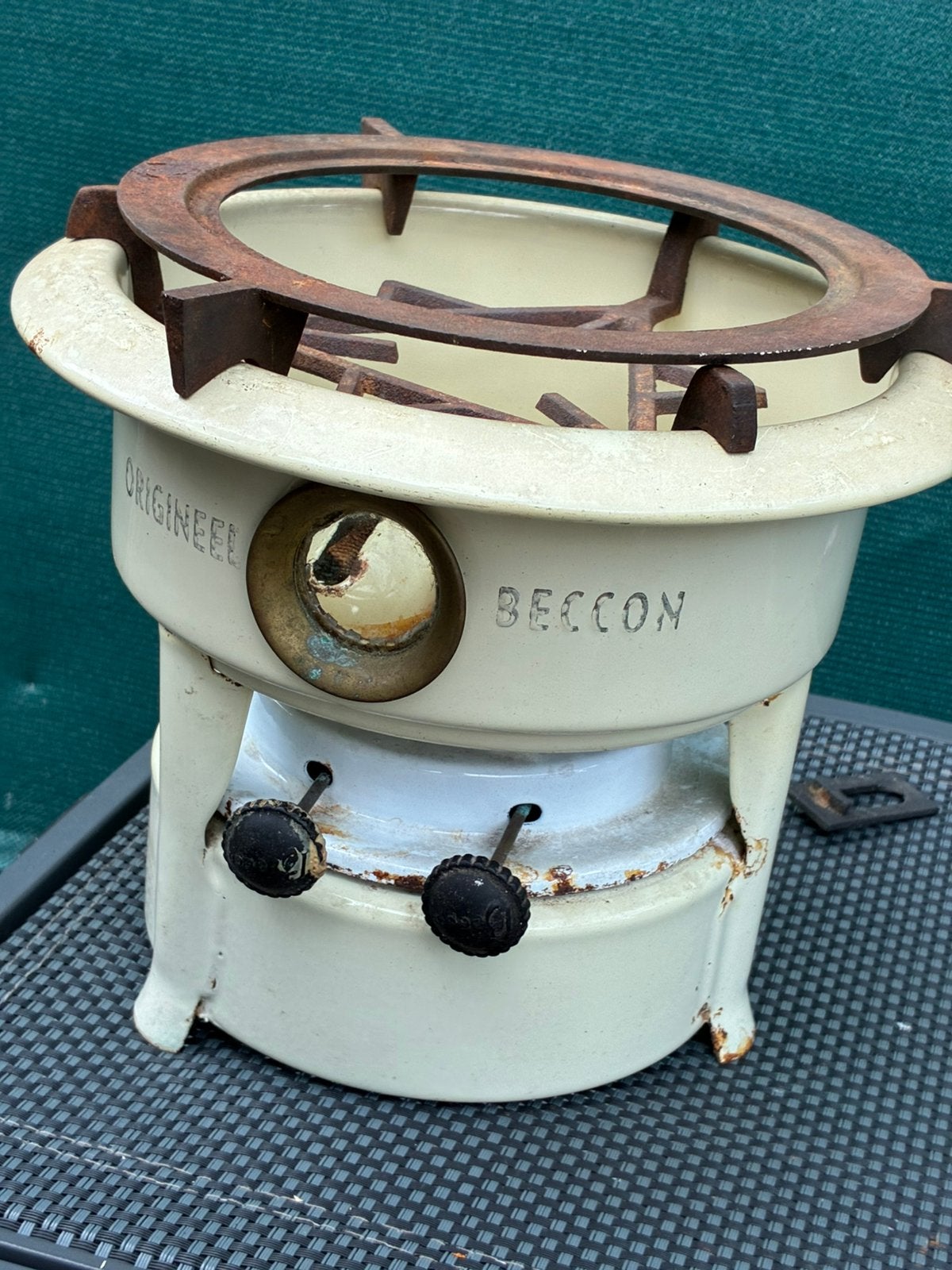 ANTIEK EMAILLE PETROLEUMSTEL BECCON., Antiek en Kunst, Ophalen