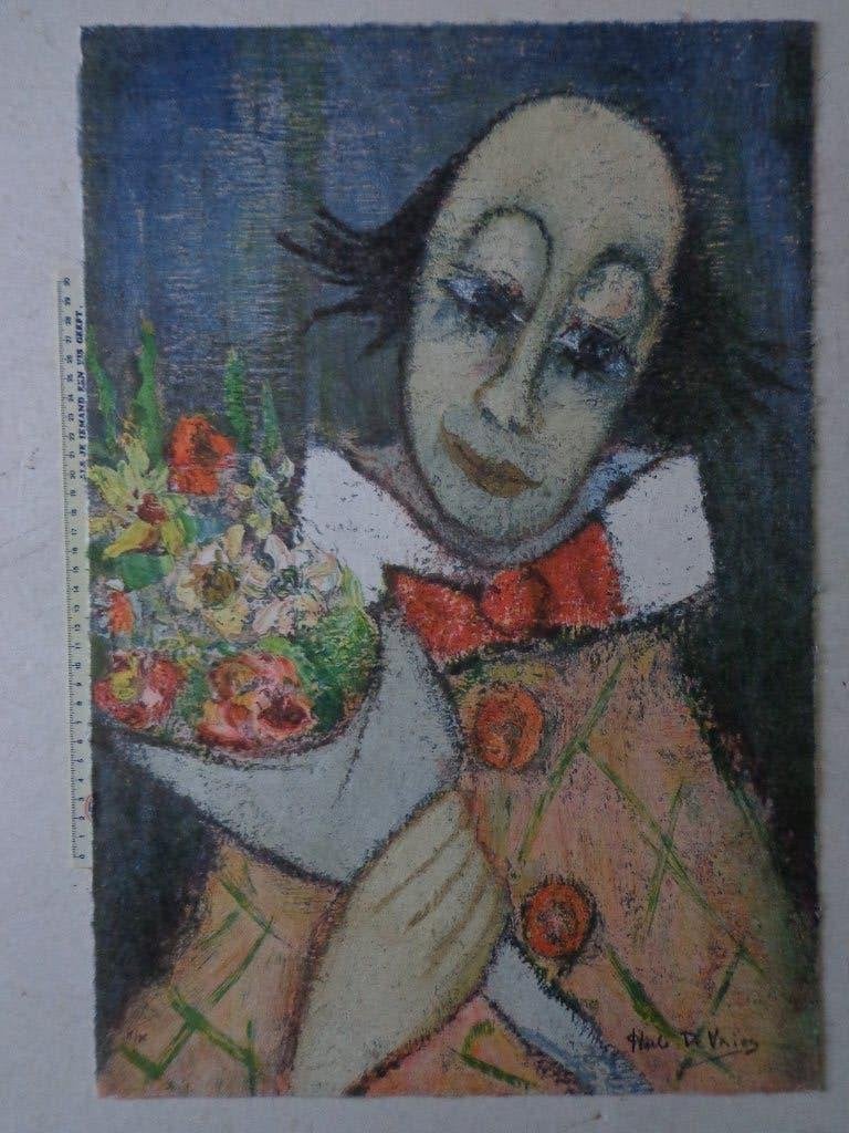 fraaie litho in kleur van Hubert De Vries "Clown", Antiquités & Art, Édition limitée, Enlèvement ou Envoi, Portraits et figures