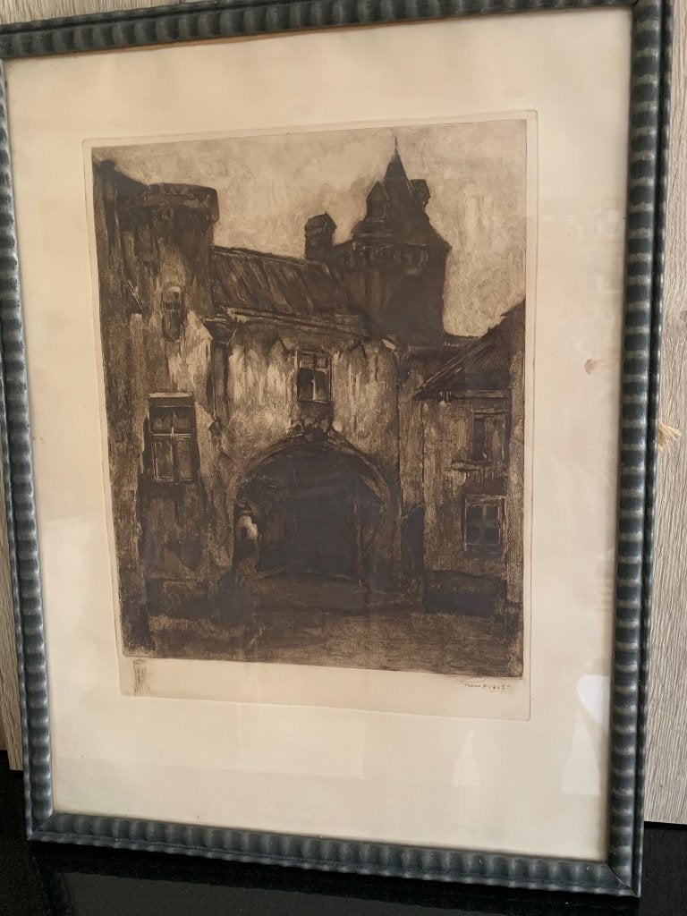 graver la porte Frans Holst à Bruges, Encadré, Eau-forte, 60 cm, Vue urbaine