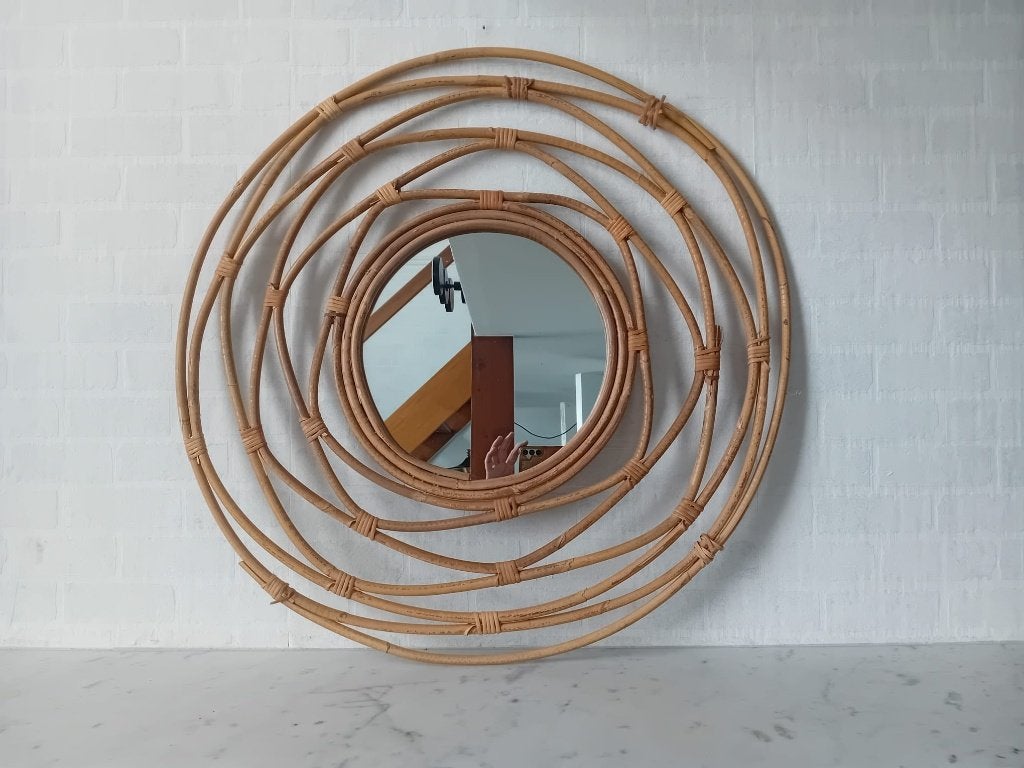 Rotan spiegel, Huis en Inrichting, Woonaccessoires | Spiegels, Ophalen, Gebruikt, Rond, Minder dan 100 cm