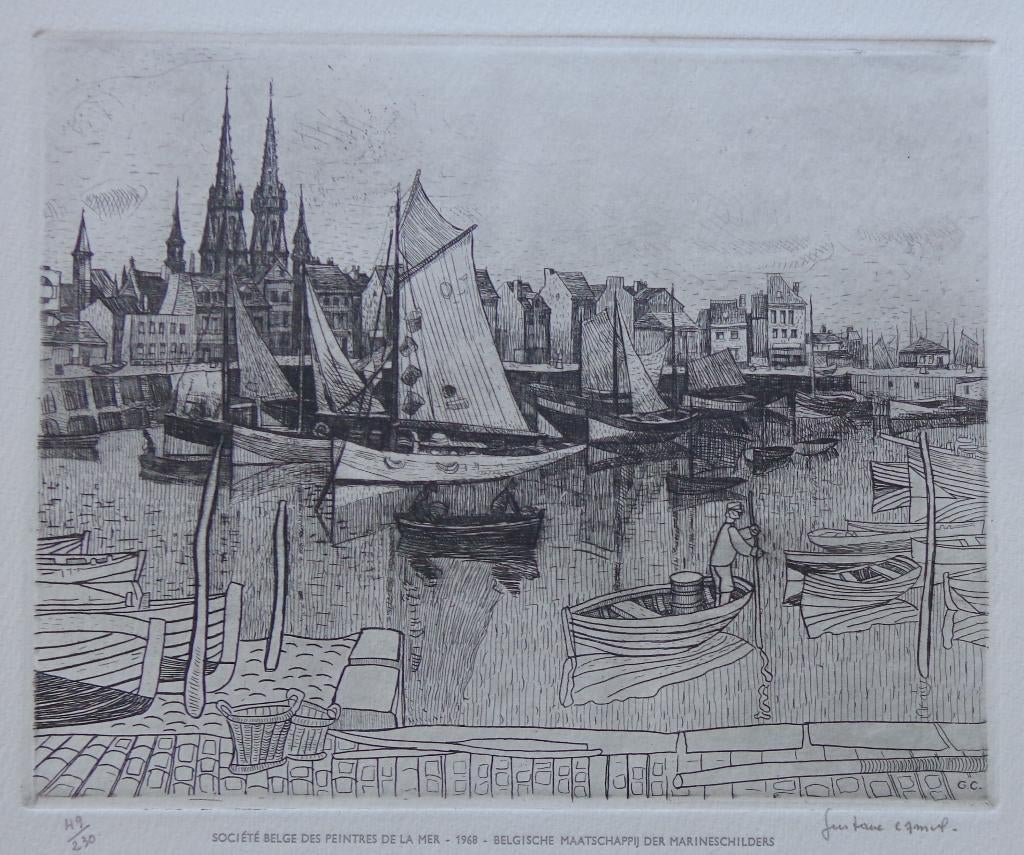 GUSTAVE CAMUS / HAVEN OOSTENDE / ZW-W ETS / 34x40cm / SIG, Antiquités & Art, Enlèvement ou Envoi