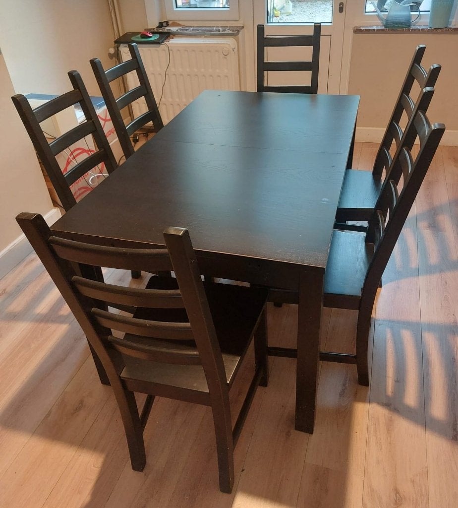 IKEA Bjursta uitschuifbare tafel en 6 stoelen, Ophalen, Gebruikt, 50 tot 100 cm, Vijf personen of meer