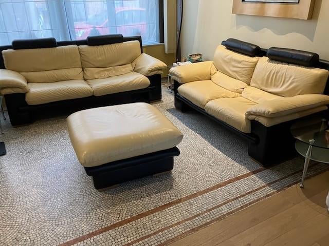 Vente Canapés 3 et 2 places + Pouf, 200 à 250 cm, Banc droit, Salon Cuir Italien deux couleurs avec têtières, Enlèvement