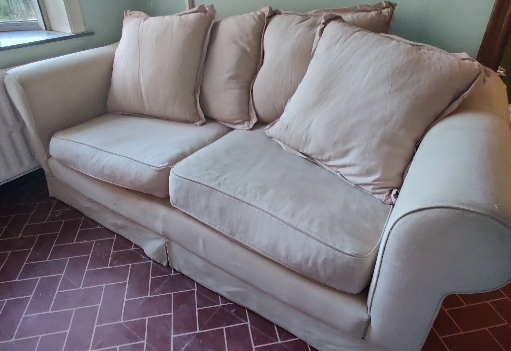 2,5-zitsbank in beige stof, L200xB97xH80cm, Ophalen, Gebruikt, Klassiek, Tweepersoons