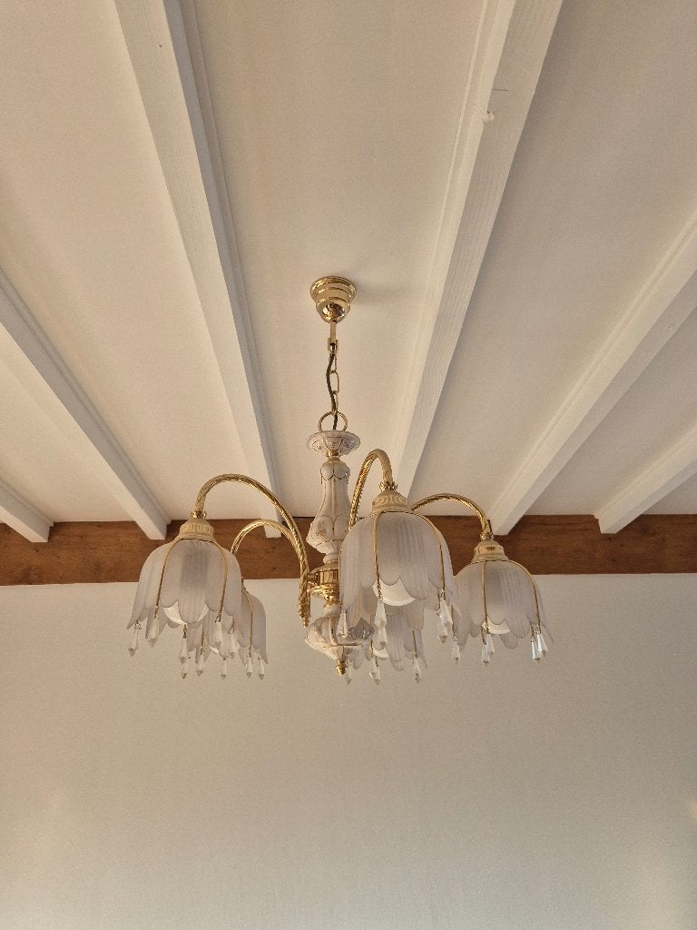 Lustre blanc et doré, Maison & Meubles, Lampes | Lustres, Enlèvement, Utilisé, Verre