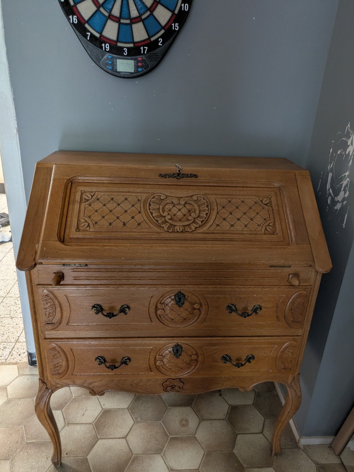 Klassieke Eiken Secretaire / Klepbureau met Houtsnijwerk (Lo, Huis en Inrichting, Ophalen