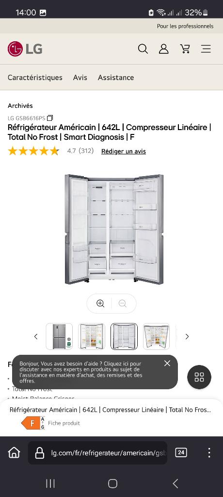 frigo grosse capacité marque LG, Electroménager, Classe énergétique A ou plus économe, Avec compartiment congélateur, 160 cm ou plus