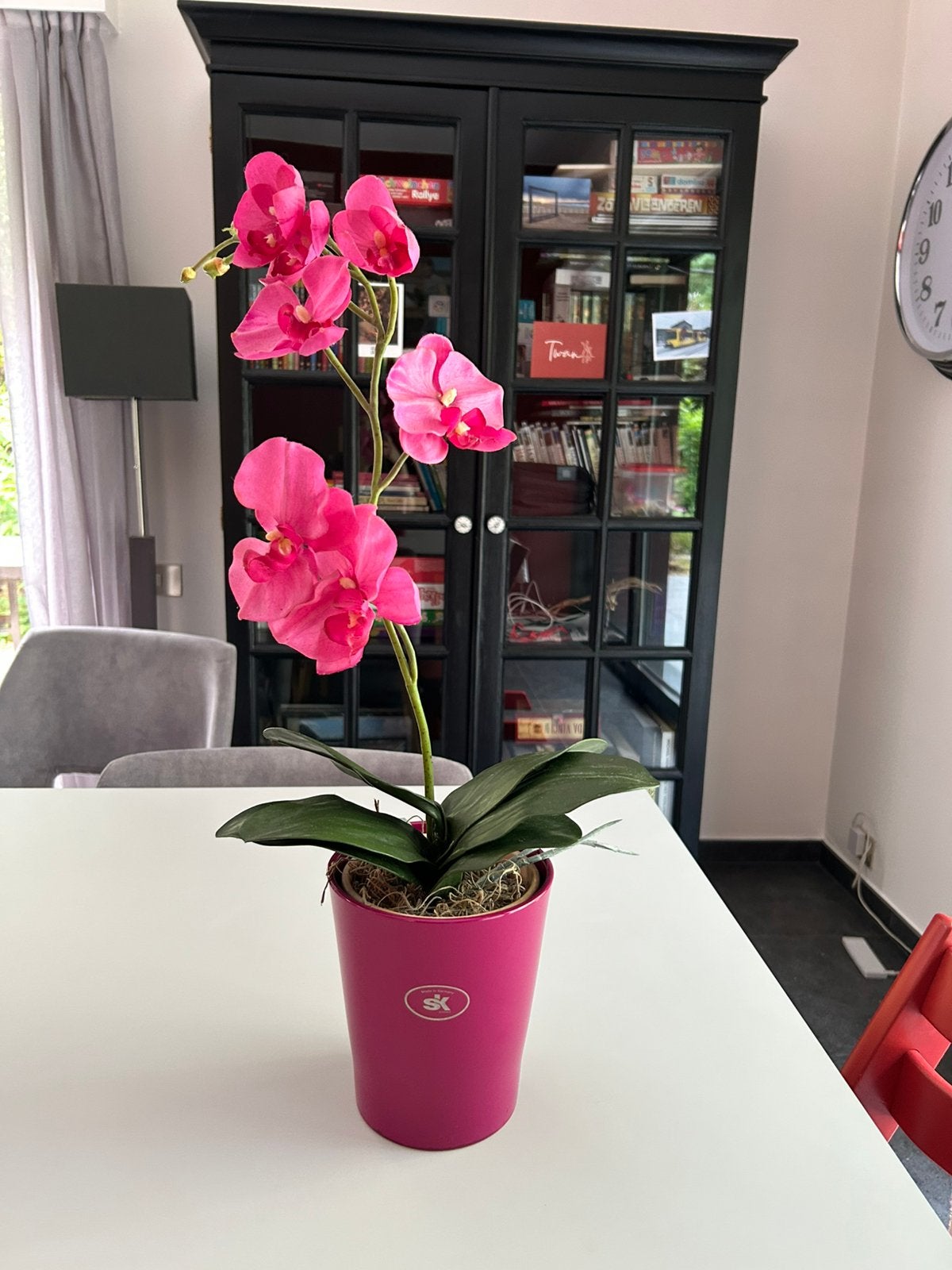 Kunstbloem roze orchidee inclusief roze bloempot, Huis en Inrichting, Binnen, Roze, Kunstbloem, Ophalen of Verzenden