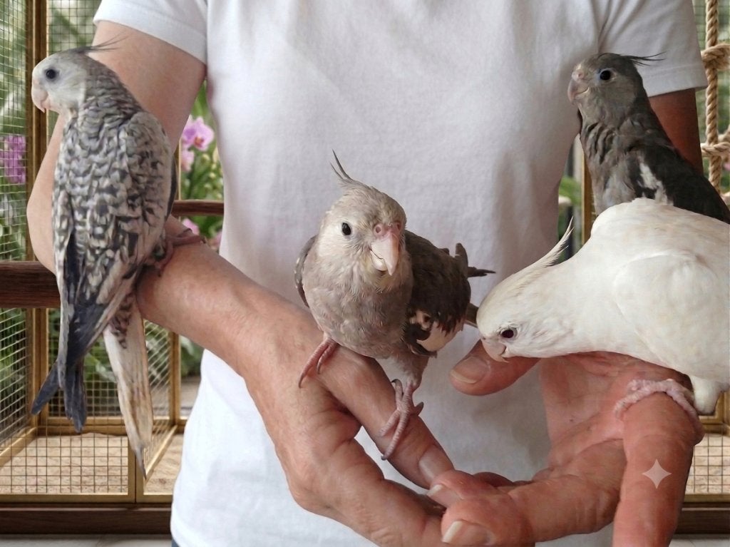 handtamme valkparkieten, Meerdere dieren, Parkiet, Tam