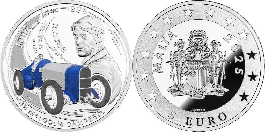 Malta 5 euro Sir Malcolm Campbell Proof zilver, Postzegels en Munten, Zilver, Ophalen of Verzenden, 5 euro, Losse munt
