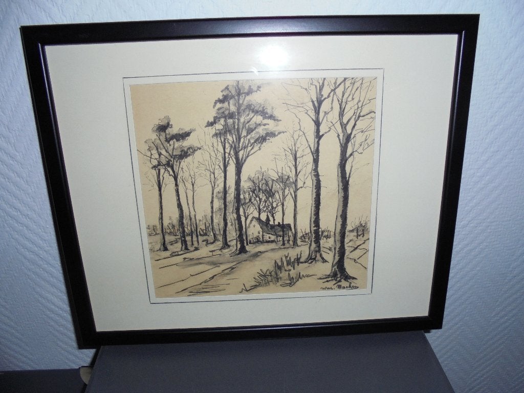 Tekening "boerderij in bos" van W. MACKEN Diest, Antiquités & Art, Art | Dessins & Photographie, Enlèvement, Dessin, Dessin au fusain