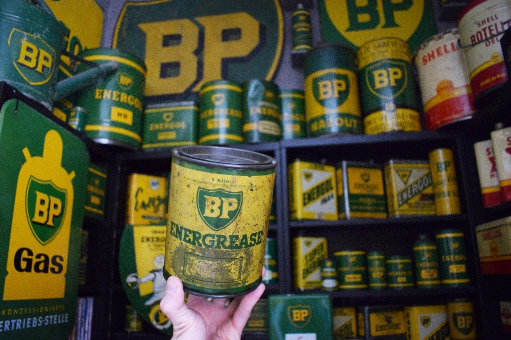 oude vet pot BP energol 1950 1 kg olie blik, Verzamelen, Merken en Reclamevoorwerpen, Ophalen of Verzenden, Gebruikt, Reclamebord