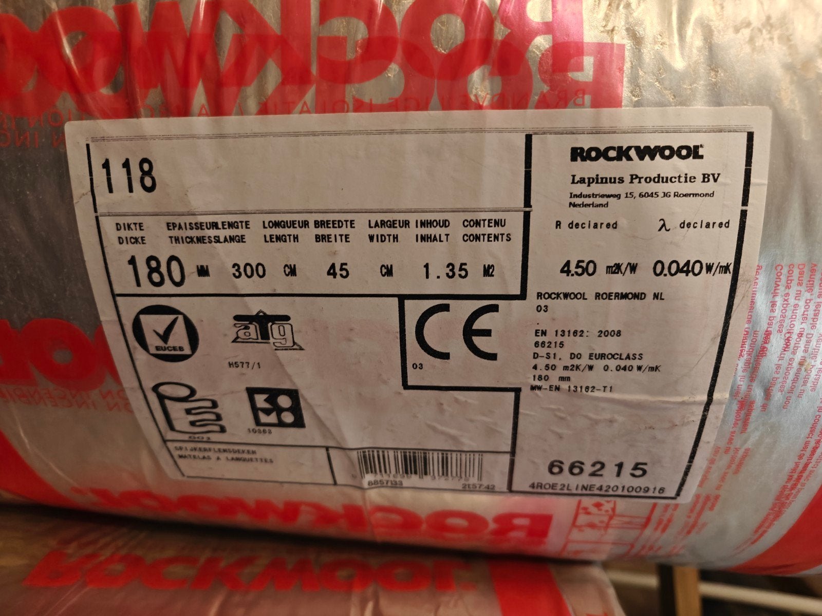 Rockwool Spijkerflensdeken 16 roln 180mm 45x300cm, Ophalen, Steenwol