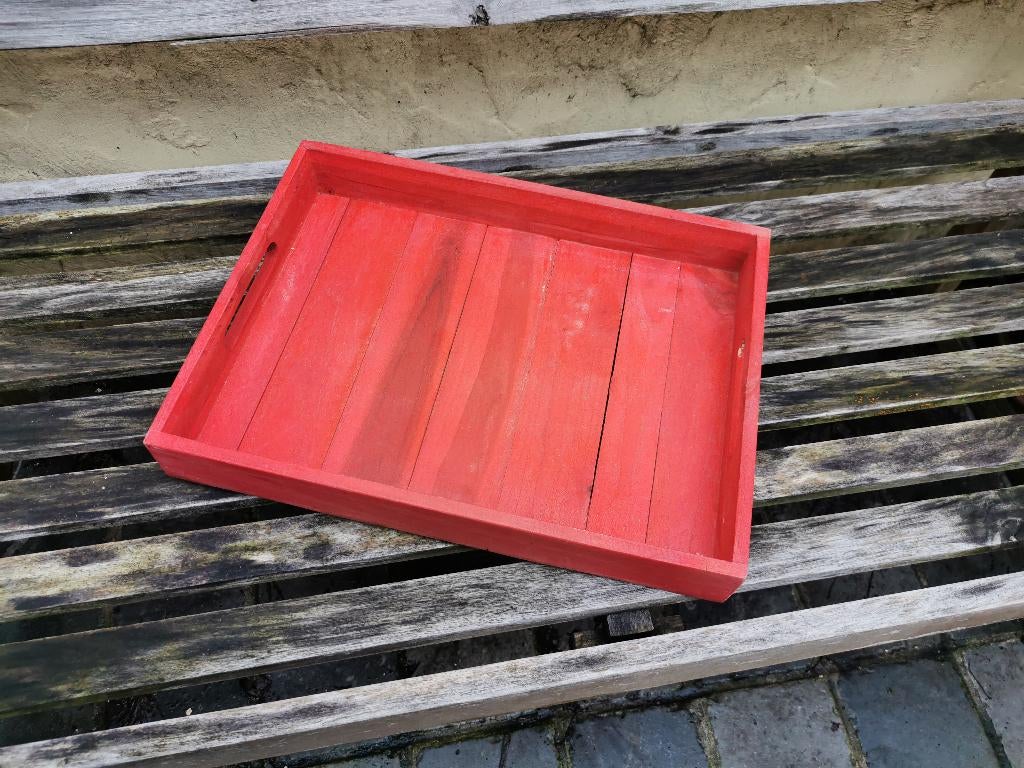 Rode plateau teak rechthoekig dienblad, Huis en Inrichting, Ophalen of Verzenden, Zo goed als nieuw, Overige typen