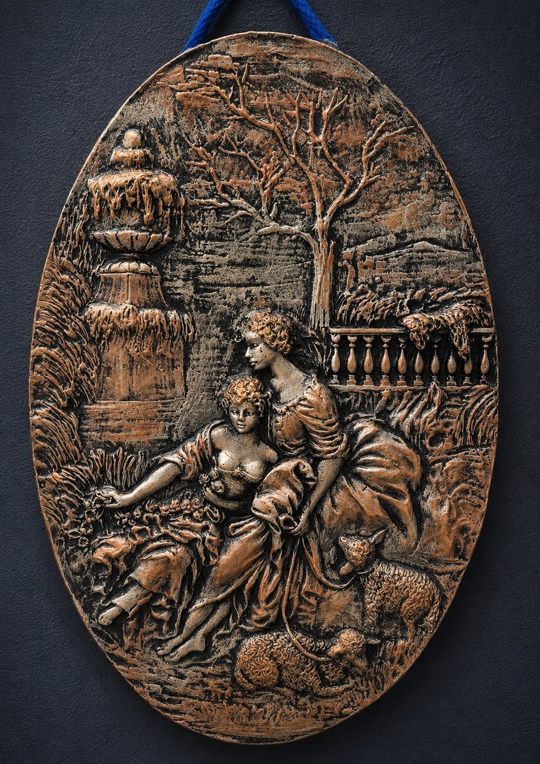 Relief mural espagnol vintage en métal — scène pastorale — o, Antiquités & Art, Enlèvement ou Envoi