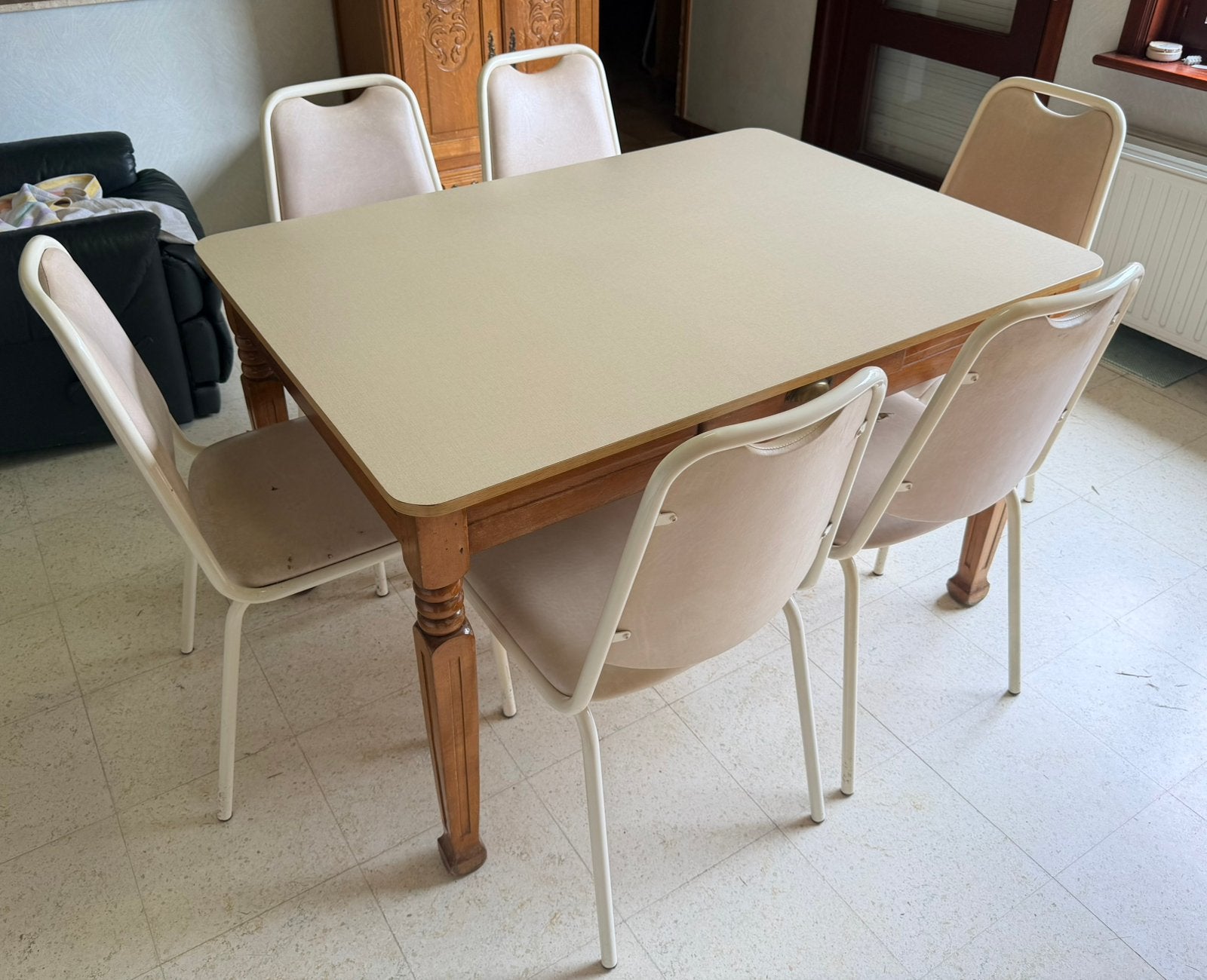 Vintage massief houten rechthoekige tafel met 6 stoelen, Ophalen, Gebruikt, Vijf personen of meer, Rechthoekig