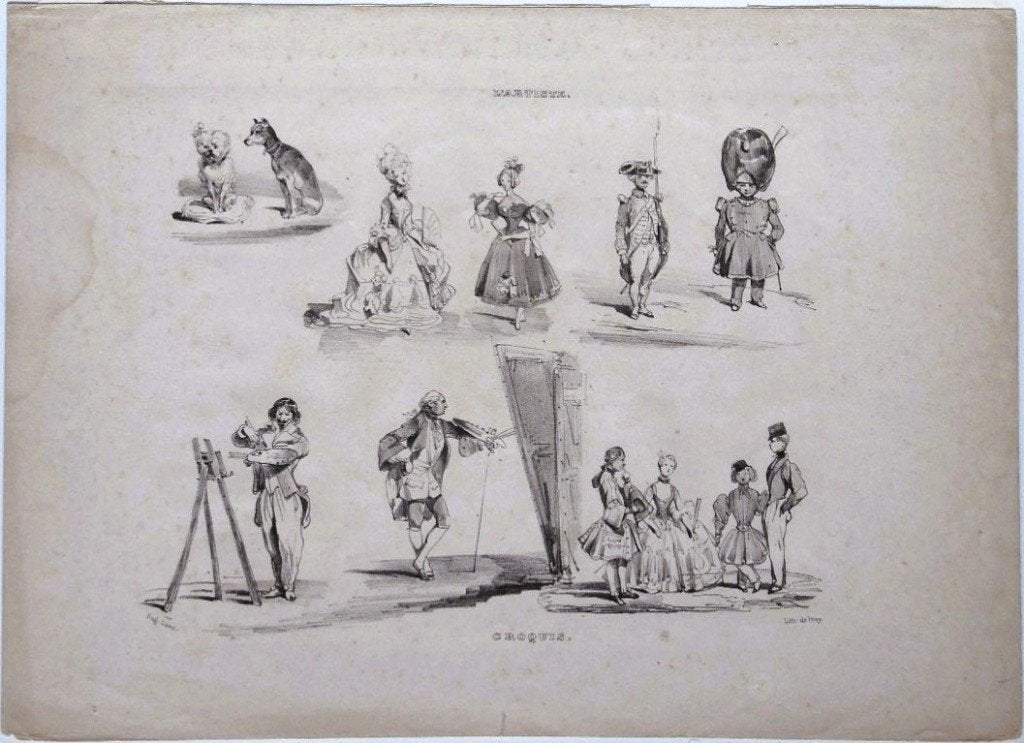 Eugène Lami litho 'Croquis",  uit "l'Artiste", Antiek en Kunst, Ophalen, Portret en Figuren, Lithografie