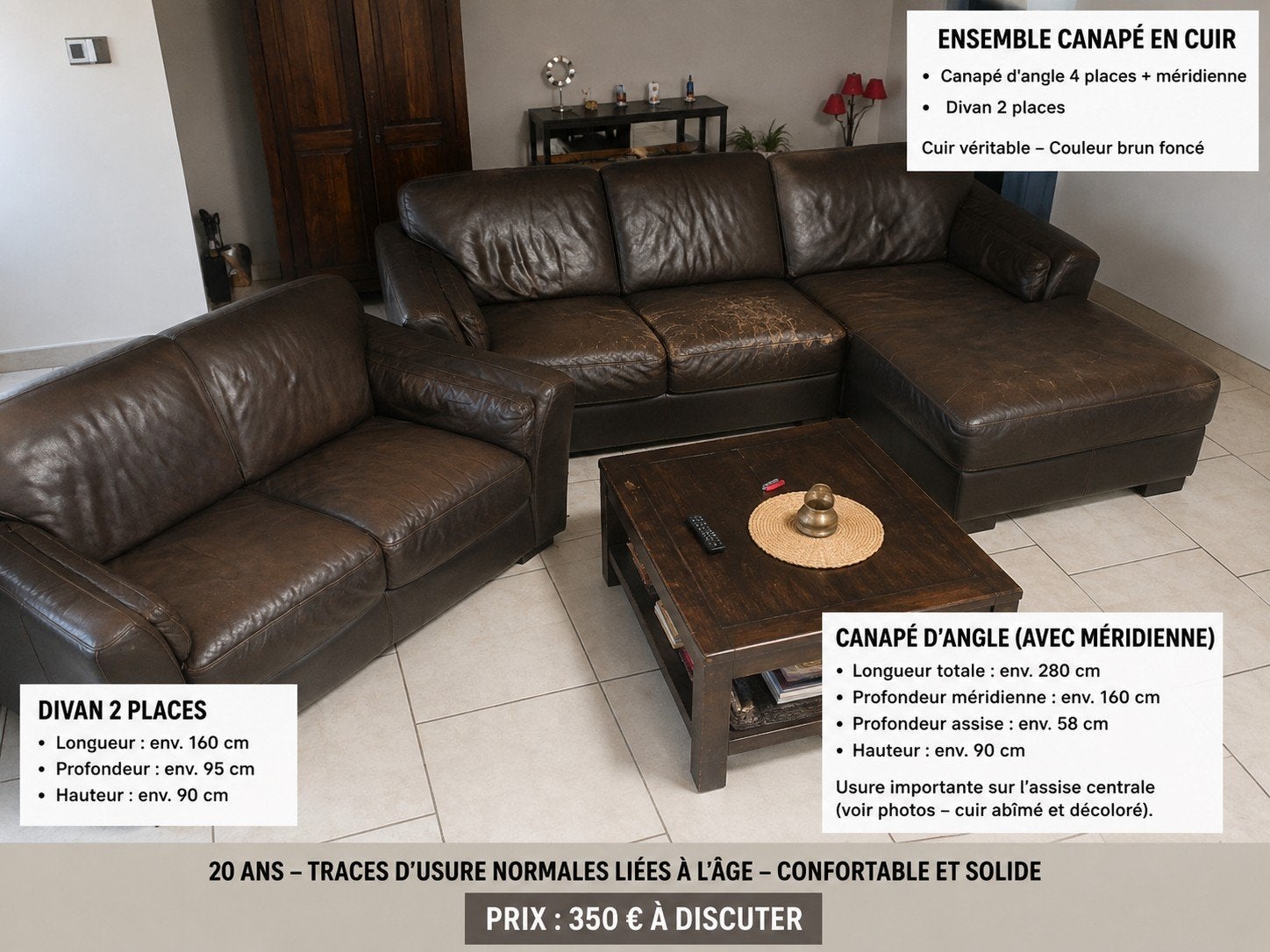 Ensemble canapés en cuir véritable – canapé d’angle + 2 plac, Enlèvement, Utilisé, Cuir