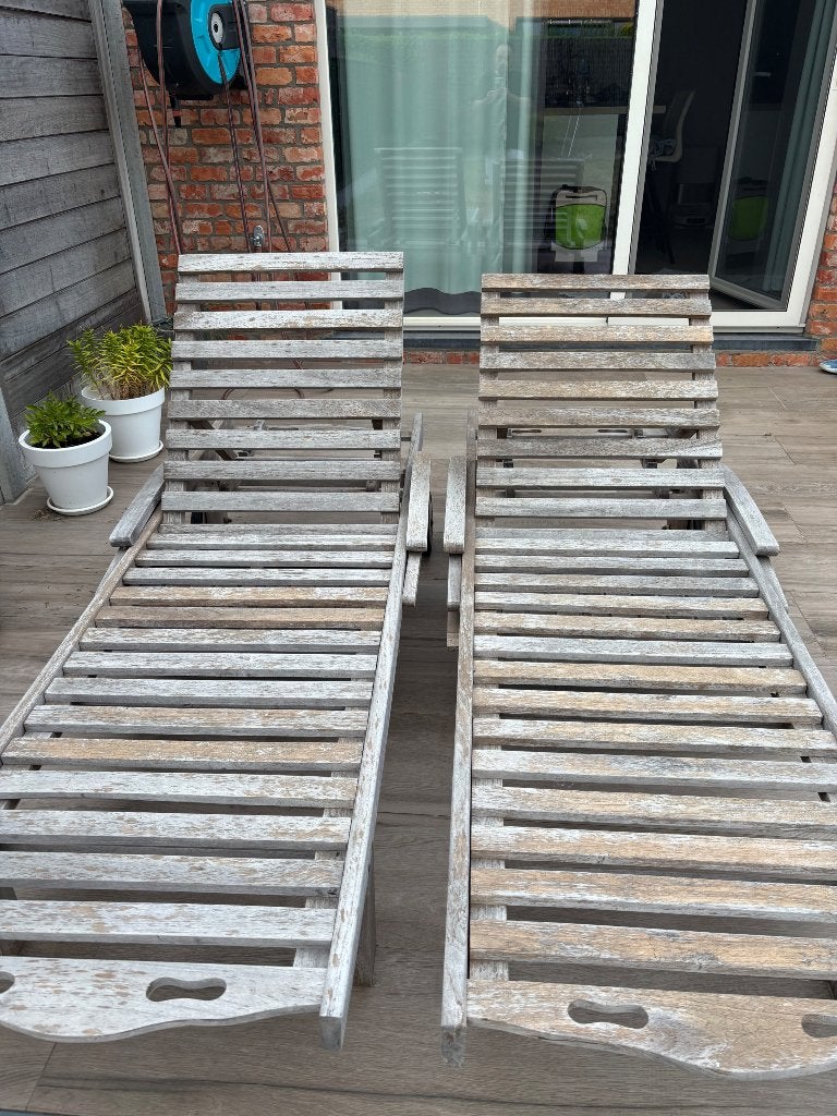 2 Houten ligstoelen, Tuin en Terras, Ligbedden, Ophalen, Gebruikt, Teakhout, Inklapbaar