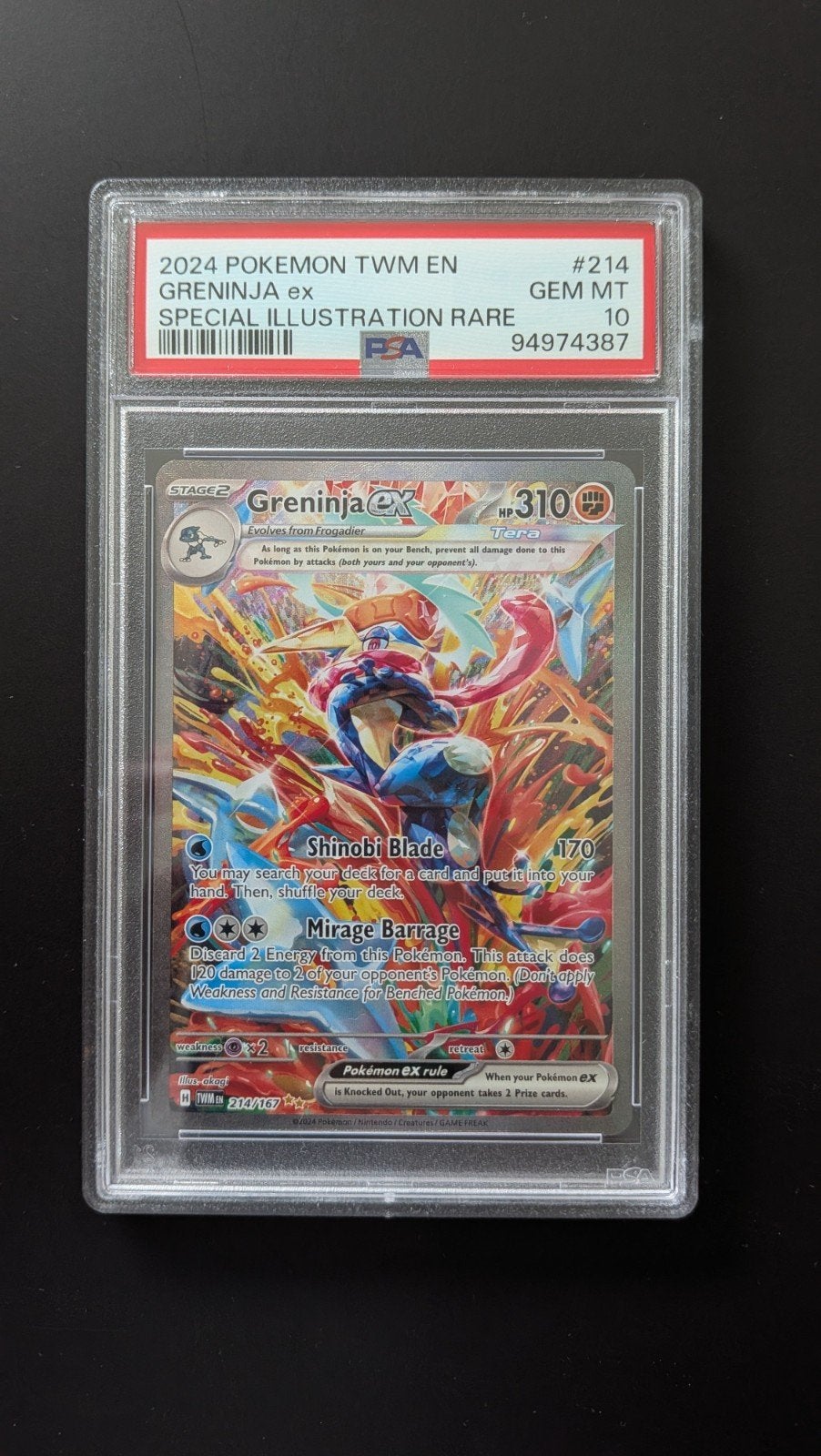 Greninja Ex 214 PSA 10 Pokemon Twilight Masquerade, Ophalen of Verzenden, Zo goed als nieuw, Losse kaart, Foil