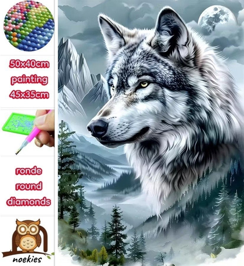 50x40cm Diamond Painting winter wolf (rond) nr 79, Hobby en Vrije tijd, Knutselen, Nieuw, Diamond painting, Educatief, Zelfklevend