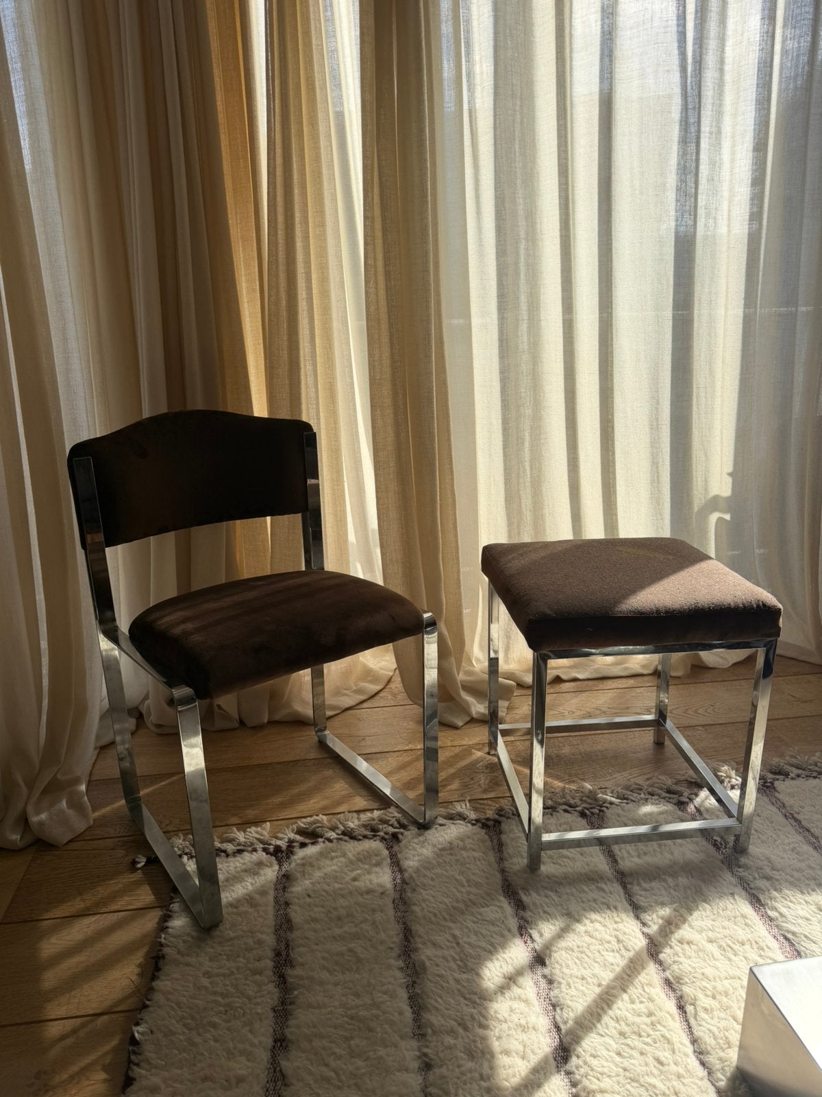 Vintage chrome stoel + voetenbank met bruine stof (jaren 70), Ophalen