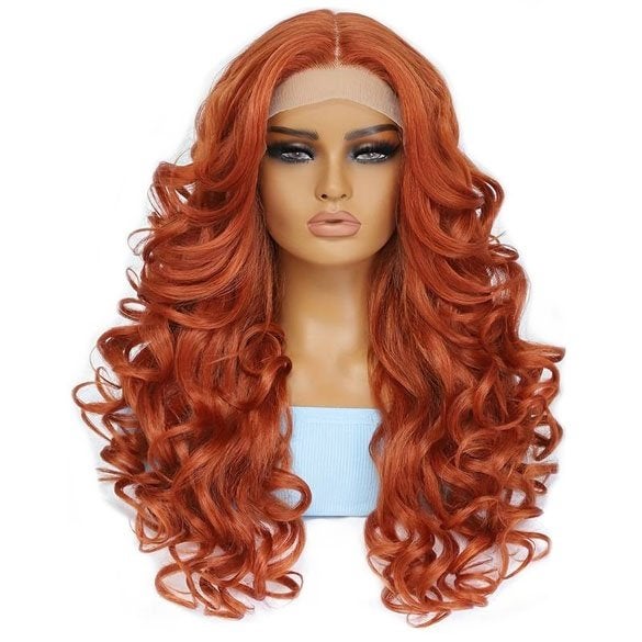 Luxe lace front pruik lang krullend haar koperrood, Ophalen of Verzenden, Nieuw