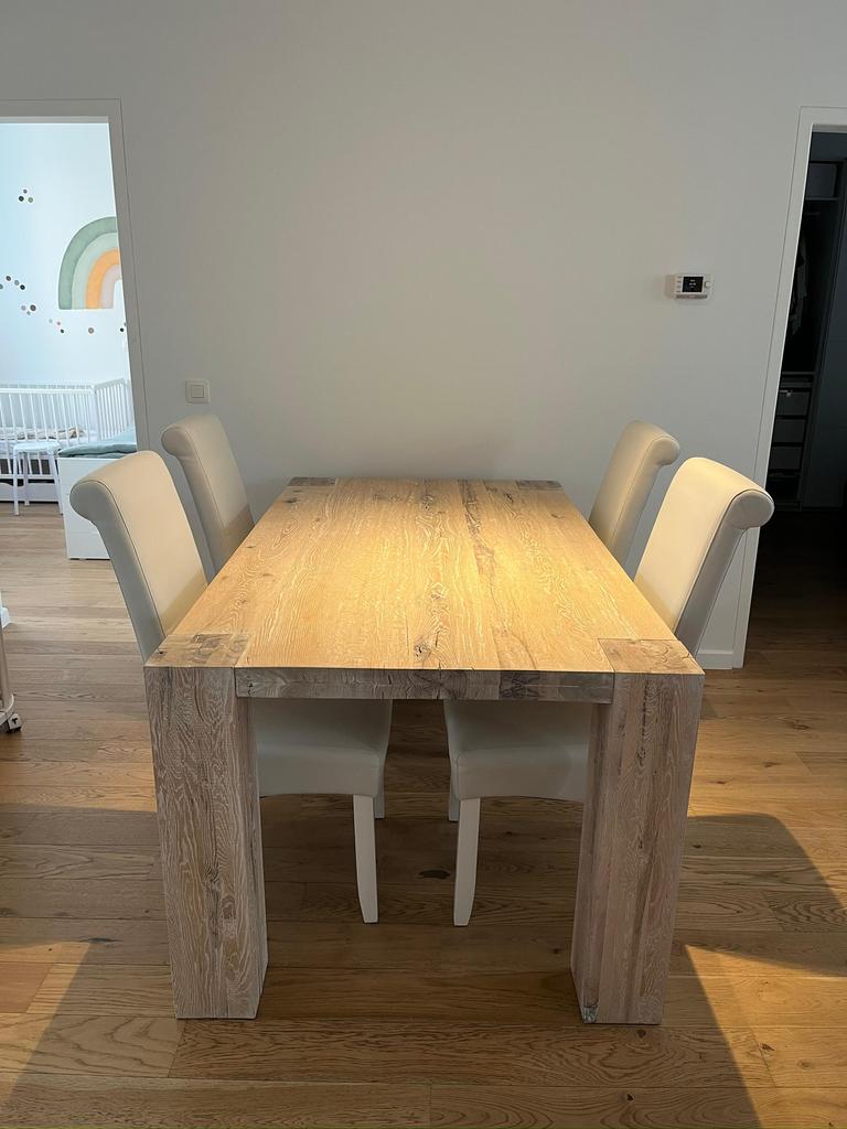 Table à manger en chêne massif teinté clair, Ophalen, Gebruikt, 100 tot 150 cm, Eikenhout