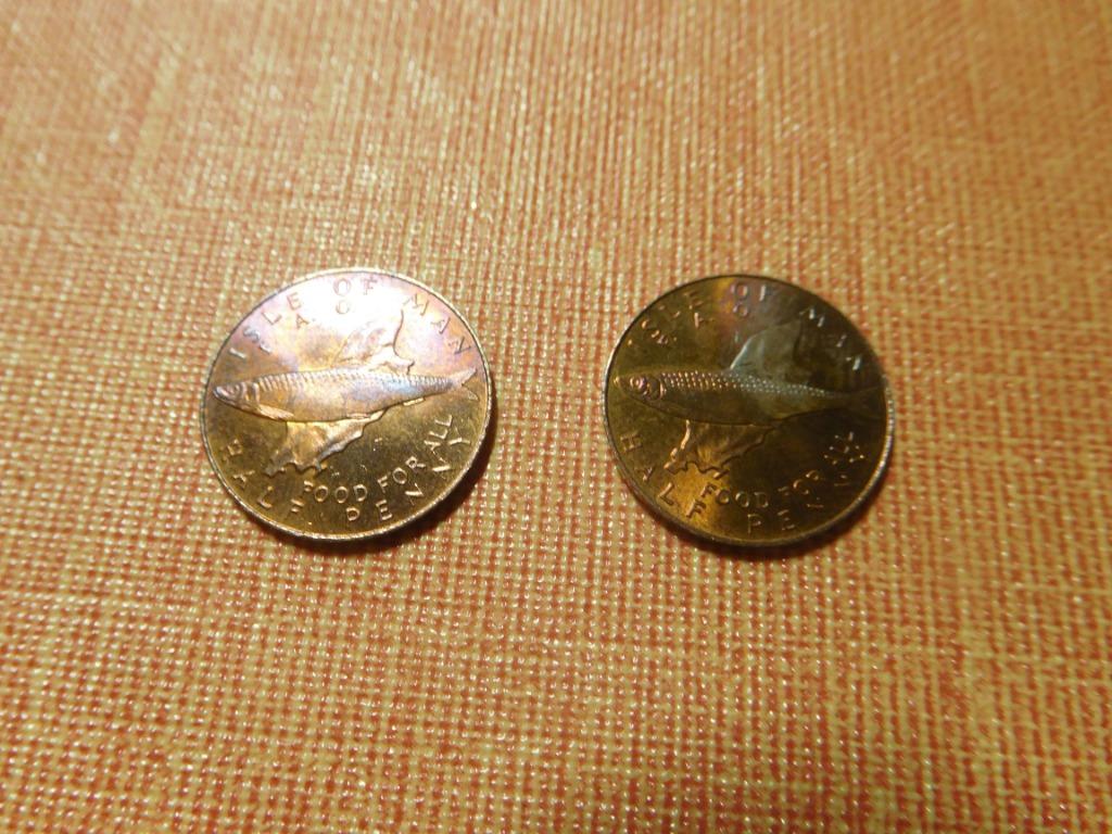 2 pièces de  ½ penny - Elizabeth II, Ile de Man 1977, Enlèvement ou Envoi