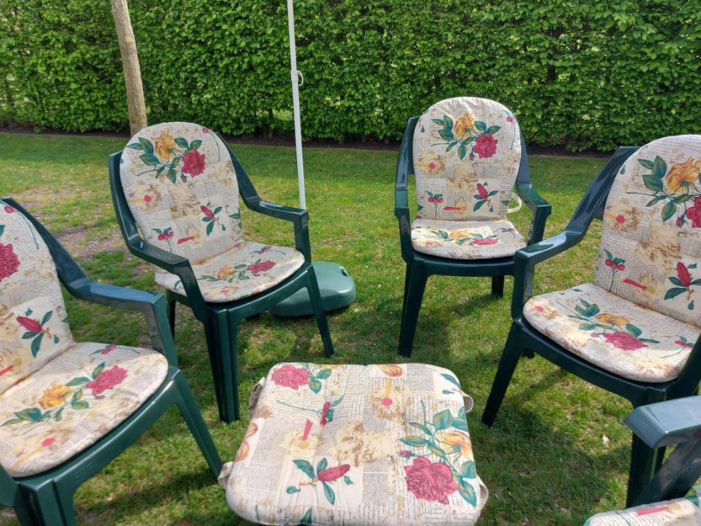 Tuinset : 4 tuinstoelen + parasol, Enlèvement, Utilisé, Synthétique, Empilable