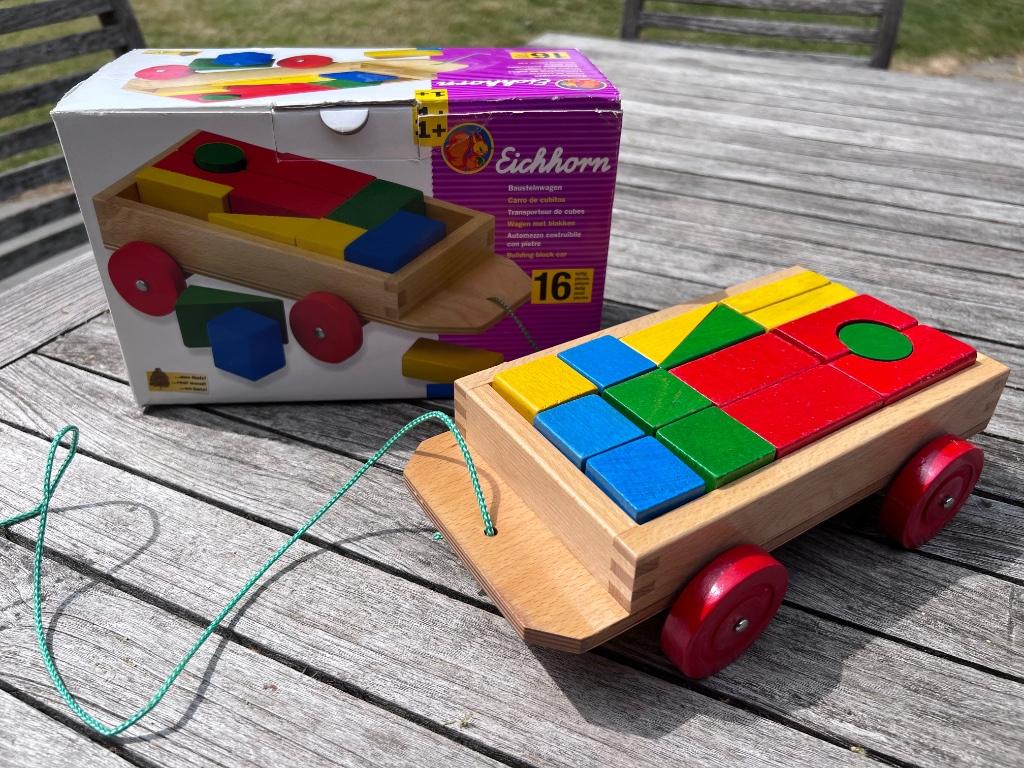 Klein trekwagentje met houten blokken (Eichhorn), Ophalen, Nieuw, Duw- of Trekspeelgoed