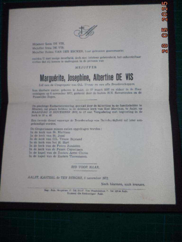 AALST: doodsbrief Marguérite DE VIS. Zeer goede staat., Verzamelen, Bidprentjes en Rouwkaarten, Ophalen of Verzenden, Rouwkaart