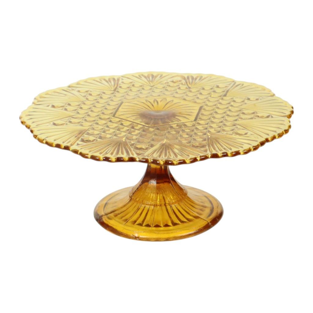 Art Deco Amber Taartschaal Standaard Depression Glass 31cm, Enlèvement ou Envoi